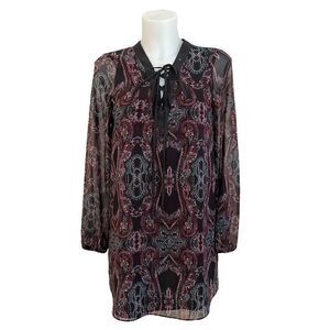 BCBGENERATION Longsleeve chiffon lace front v neck tunic/ dress black paisley XS
